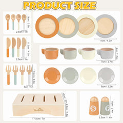 Dreamon Wooden Play Food Tea Set – 27 Piece Wooden Kitchen Accessories Set for Toddlers