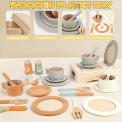 Dreamon Wooden Play Food Tea Set – 27 Piece Wooden Kitchen Accessories Set for Toddlers