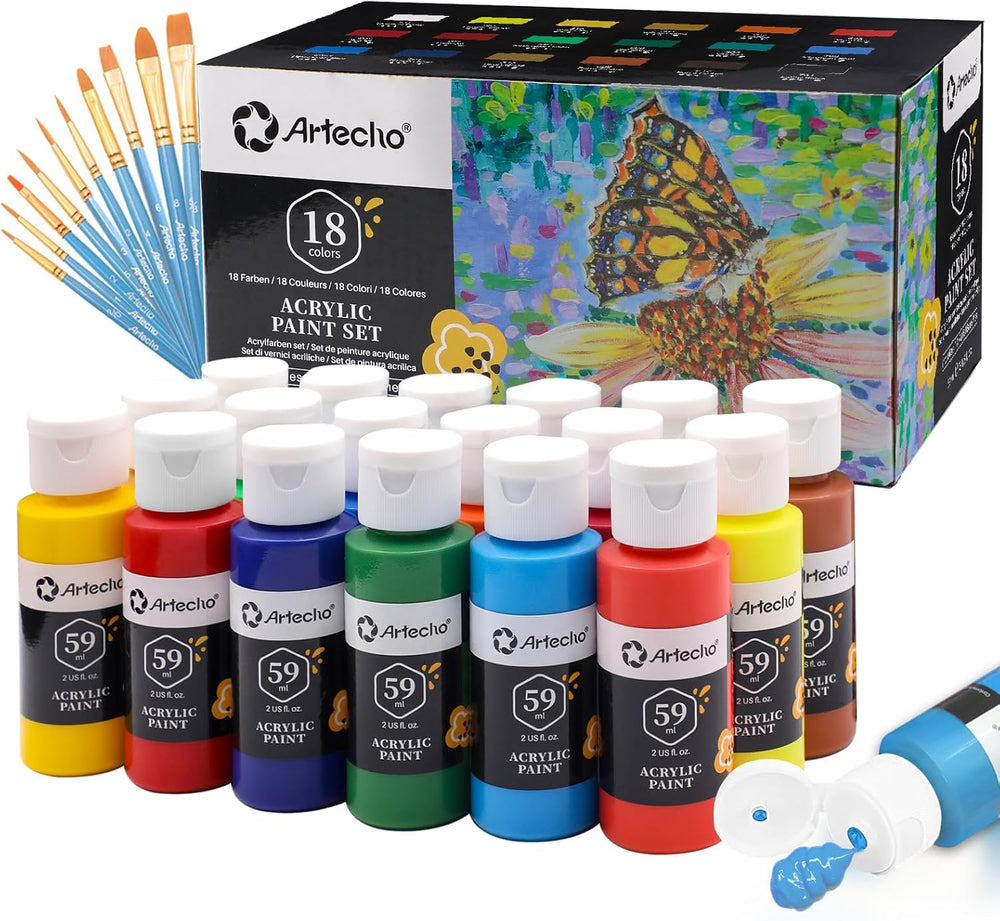 Artecho Acrylic Paint Set – 18 Colours with 10 Paint Brushes | Waterproof Non-Toxic Art Paint Kit