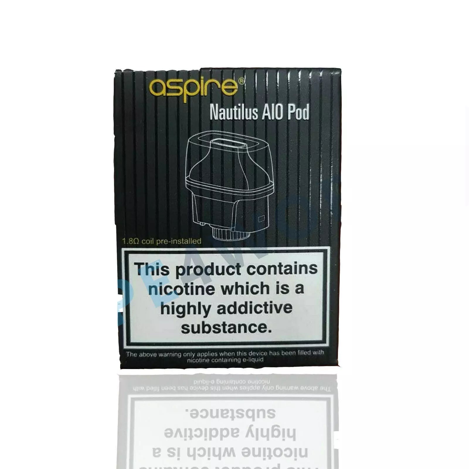 Packaging of Aspire Nautilus AIO Pod, predominantly black with a white and red design, featuring an image of the pod device and a warning label regarding nicotine content.