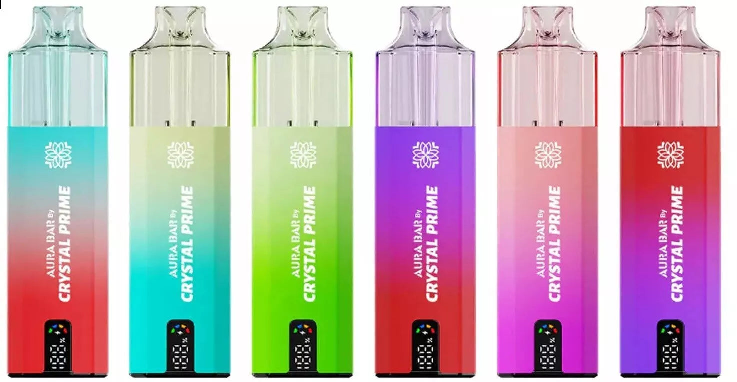 A series of electronic vaporizers from Crystal Prime, with various colorful designs, all lined up next to each other.