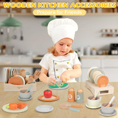 Dreamon Wooden Play Food Tea Set – 27 Piece Wooden Kitchen Accessories Set for Toddlers