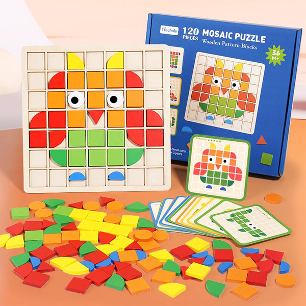 120pcs Creative Mosaic Puzzle,Wooden Pattern Blocks Set,Shape Matching Game,Wooden Puzzle Blocks,Tangram Puzzles For Kids,Montessori Preschool Learning Activity Stem Gift For Aged 3 5 6 8 12