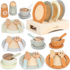Dreamon Wooden Play Food Tea Set – 27 Piece Wooden Kitchen Accessories Set for Toddlers