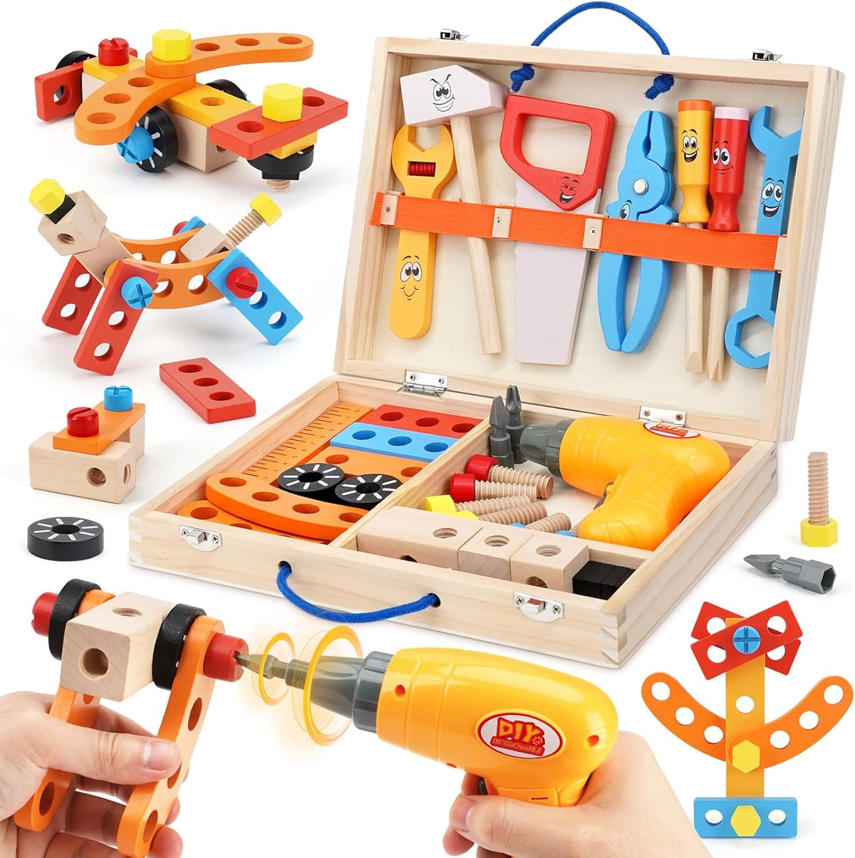 Vanplay Wooden Kids Tool Set – 39 Piece Montessori Pretend Play Tool Box with Toy Drill