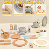 Dreamon Wooden Play Food Tea Set – 27 Piece Wooden Kitchen Accessories Set for Toddlers