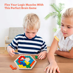Coogam Wooden Hexagon Puzzle - Shape Block Tangram Brain Teaser Toy Geometry Logic IQ Game STEM Educational Gift for All Ages Challenge