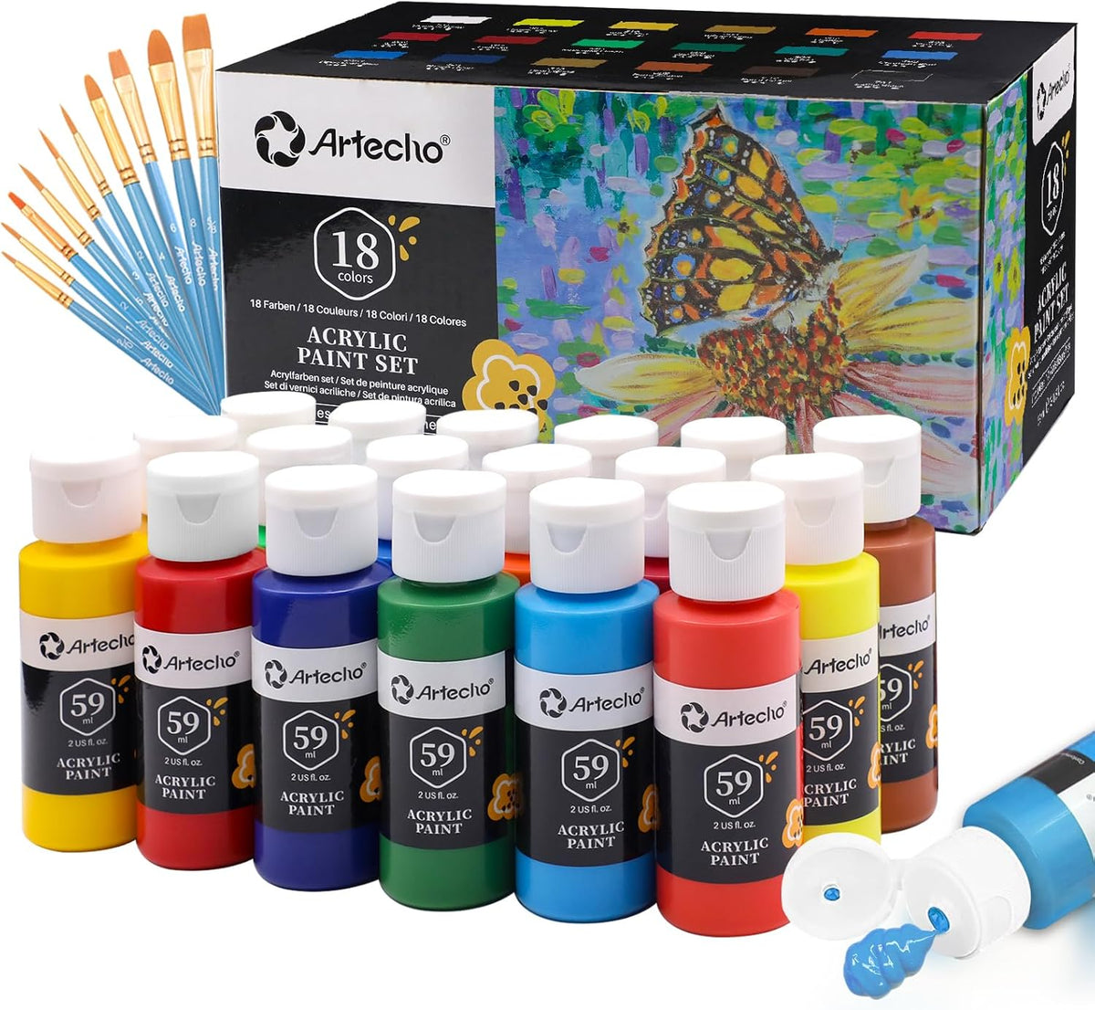 Artecho Acrylic Paint Set – 18 Colours with 10 Paint Brushes | Waterproof Non-Toxic Art Paint Kit