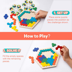Coogam Wooden Hexagon Puzzle - Shape Block Tangram Brain Teaser Toy Geometry Logic IQ Game STEM Educational Gift for All Ages Challenge
