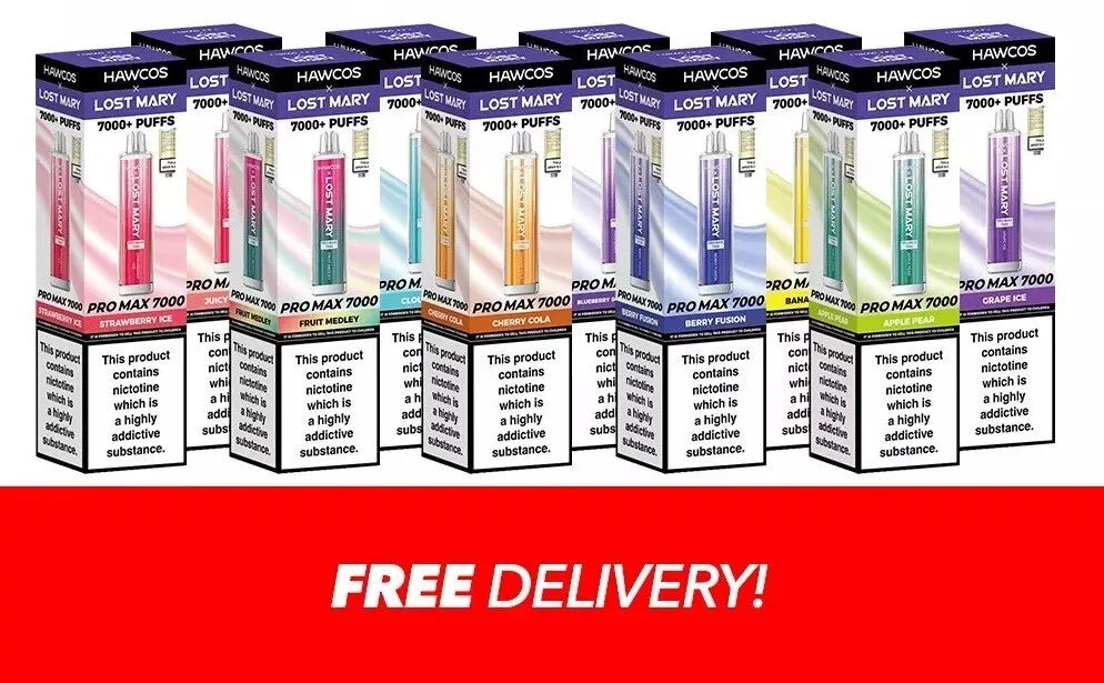 A range of Lost Mary x Hawcos Pro Max 7000 Vape devices in various colors, with a label indicating 'FREE DELIVERY'.