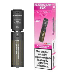 Bloody Bar 60K replacement pod packaging with black pod and pink box on a white background.