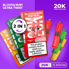 Bloody Bar Ultra Twist vape pods on a purple background with product details.