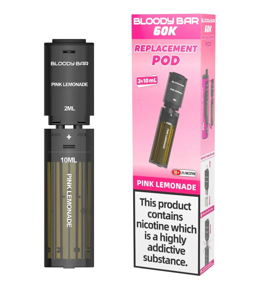 Bloody Bar replacement pod for vape device with pink lemonade flavor, including pod and packaging on a white background.