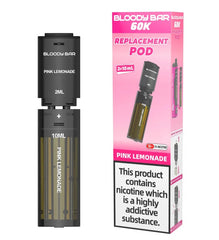 Bloody Bar replacement pod for vape device with pink lemonade flavor, including pod and packaging on a white background.