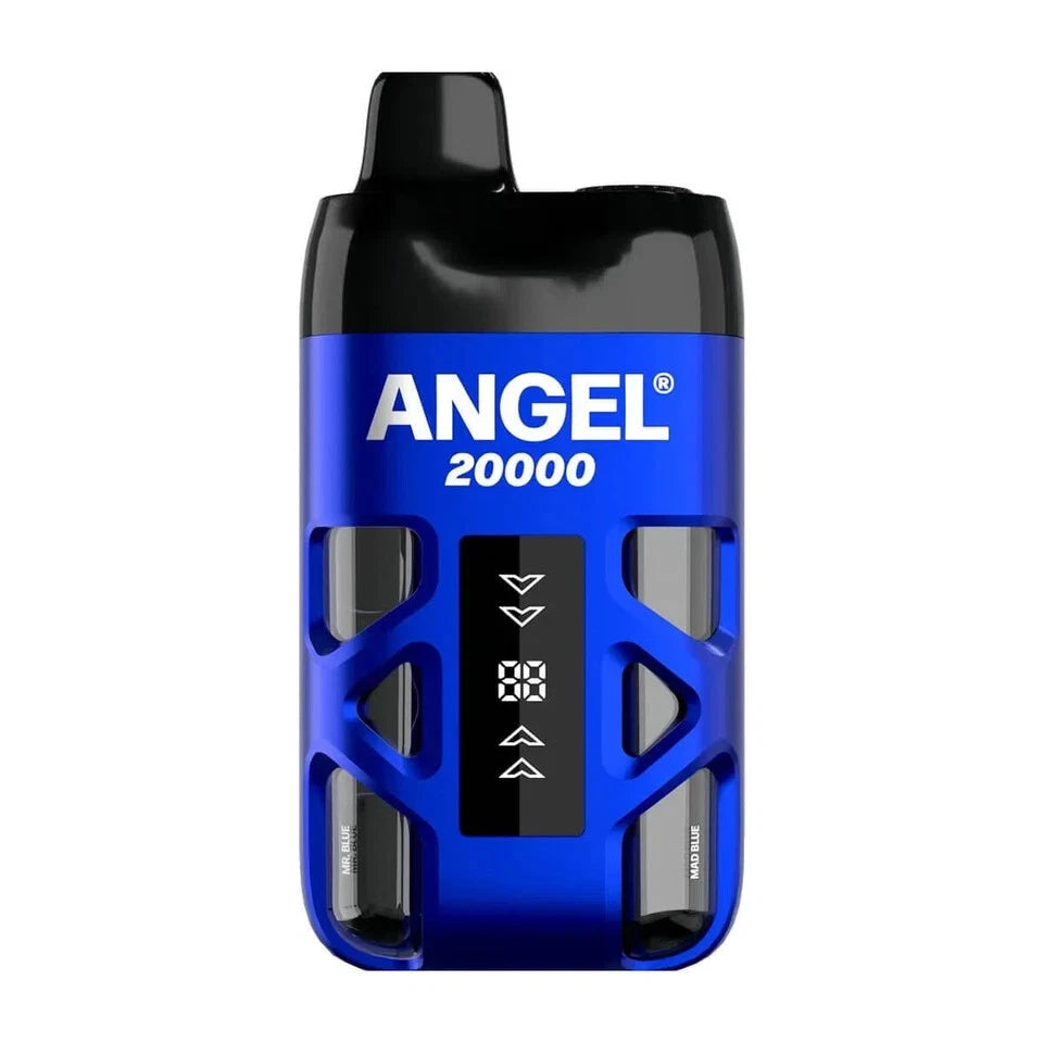 Blue and black electronic device with 'ANGEL' branding on a white background