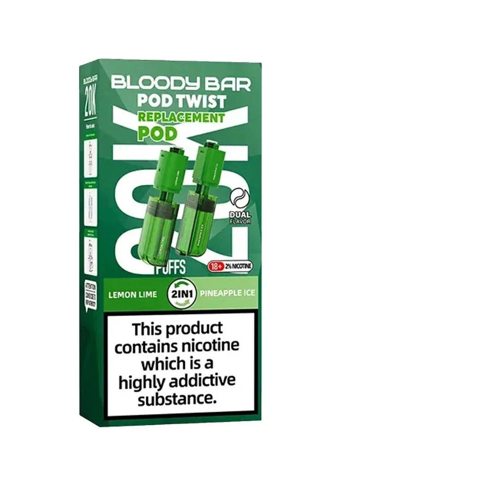 Box of Bloody Bar Pod Twist replacement pods with green pods on a white background