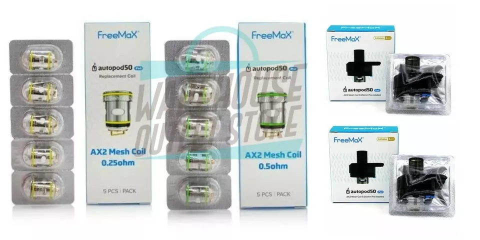 Various packages of Freemax AutoPod50 replacement coils and pods, showcasing different coil types and resistance values.