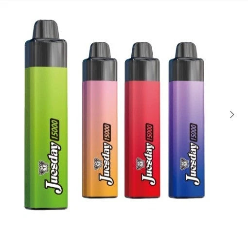 Four colorful vape devices with 'Tuesday 15000' branding on a white background