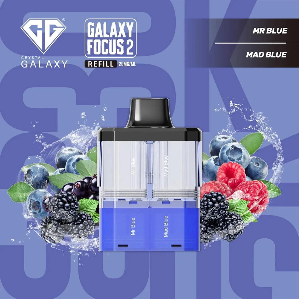 Galaxy Focus 2 refill pod with blueberries, raspberries, and blackberries on a blue background