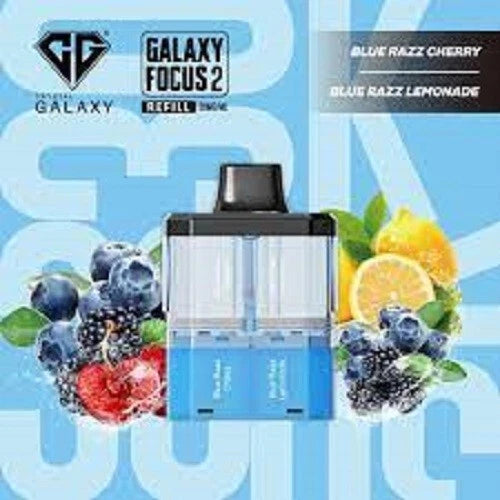 Galaxy Focus 2 vape device packaging with blue and green graphics and fruit images on a blue background.