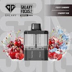 Galaxy Focus 2 vape device packaging with cherry and blueberry graphics on a gray background.