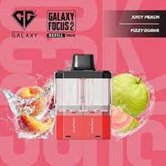Galaxy Focus 2 vape refill pod with fruit graphics on a pink background