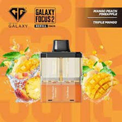 Galaxy Focus 2 vape refill pod with mango peach pineapple flavor on an orange background