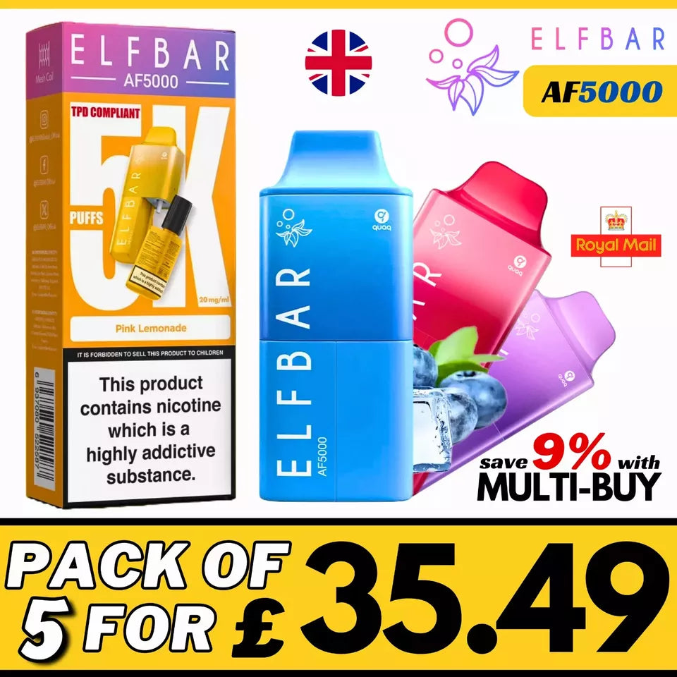🌬️ Elf Bar AF5000 Disposable Vape – 5000 Puffs | Rechargeable | 20mg Nic Salt | Pack of 5 | UK Legal Stock 🔞