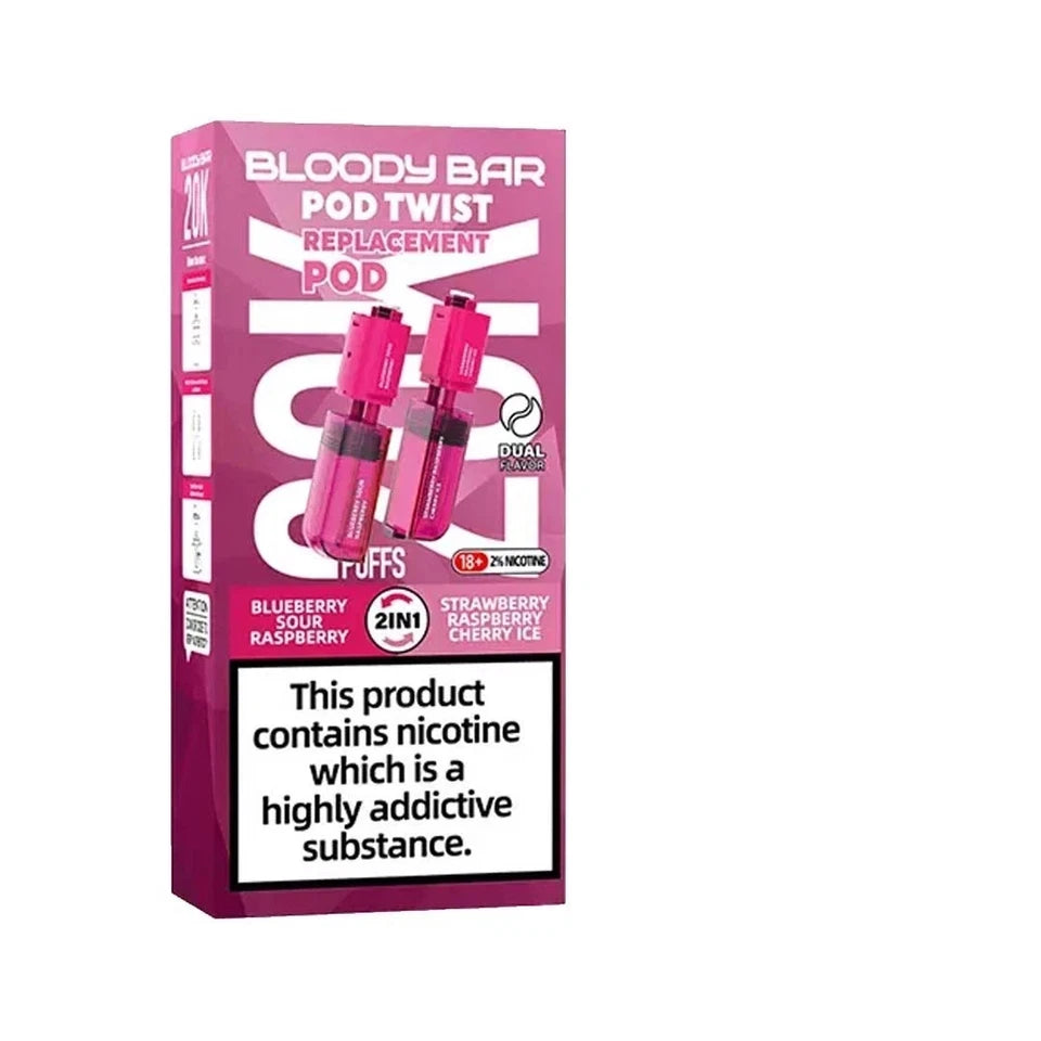 Pink packaging of a vape pod replacement with branding and product details on a white background.