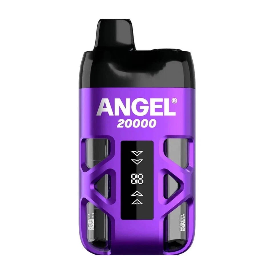 Purple vape device with 'Angel' branding on a white background