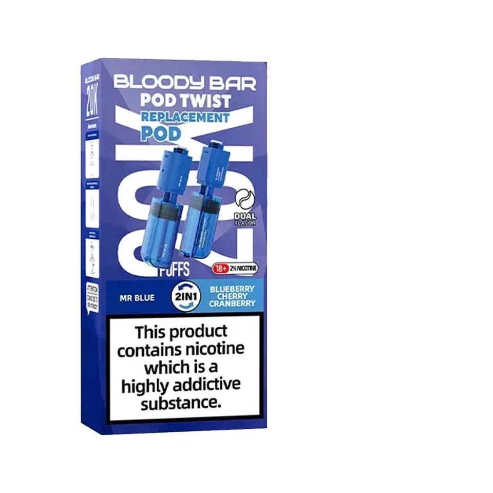 Replacement pod packaging for a vape device with blue and white design.