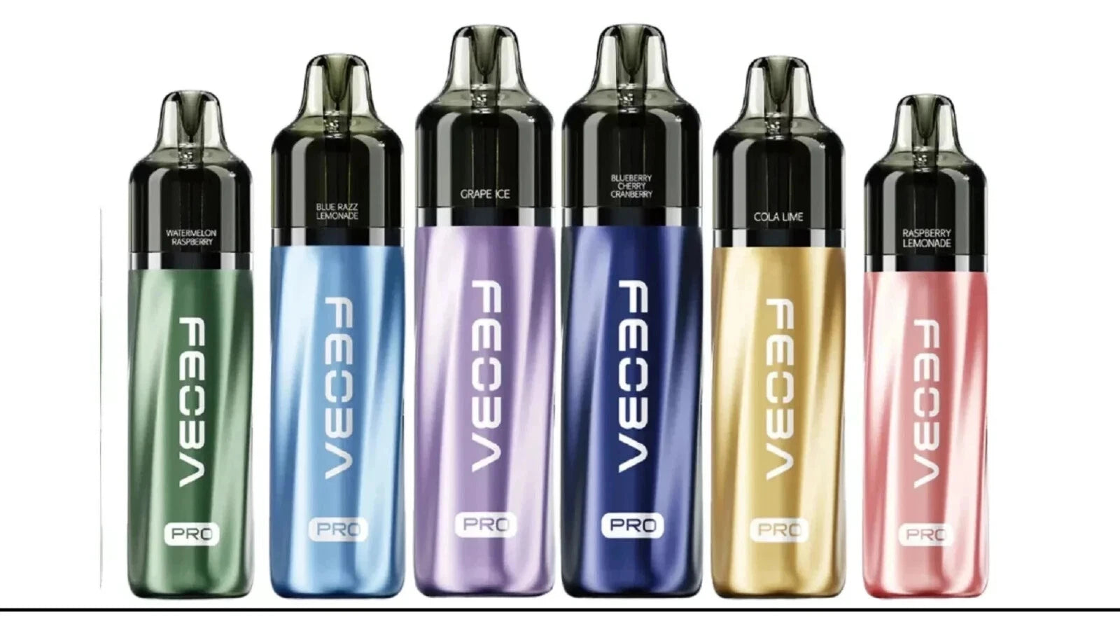 Seven Vecce vape devices in various colors on a white background