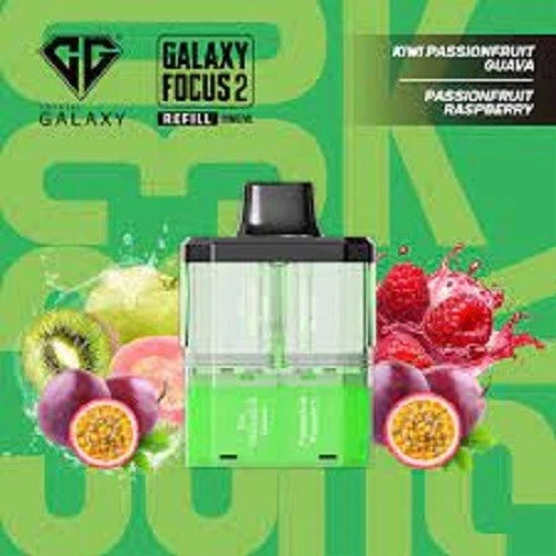 Vape device refill pack with Galaxy Focus 2 branding on a green background with fruit graphics.