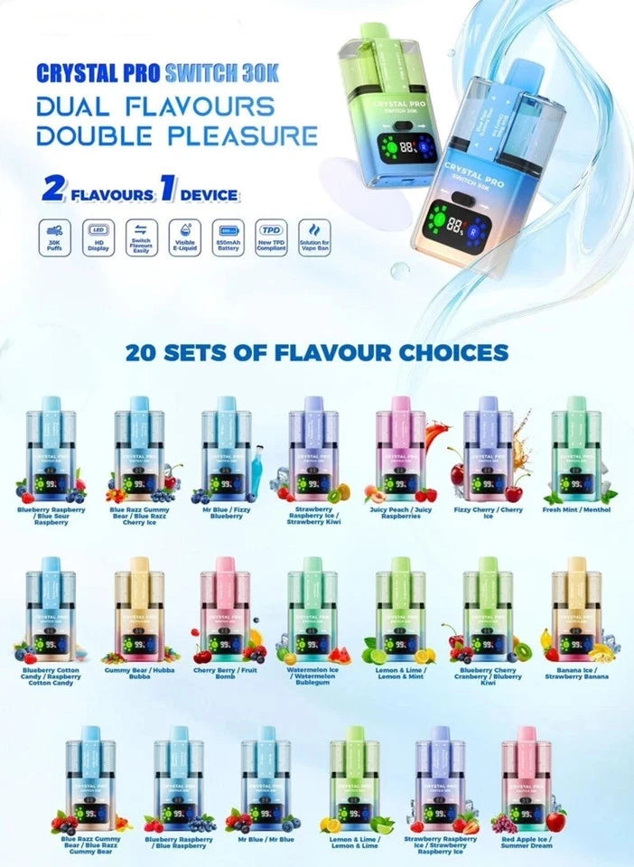 Vape device with flavor options on a blue background