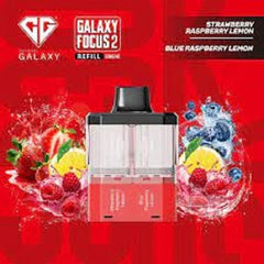 Vape pod with fruit graphics on a red background, featuring Galaxy Focus 2 branding.