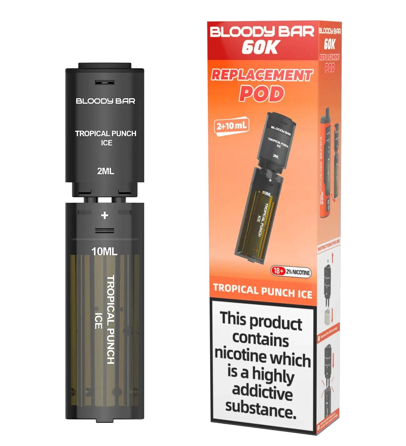 Vape replacement pod with packaging labeled 'Bloody Bar 60K' on a white background.