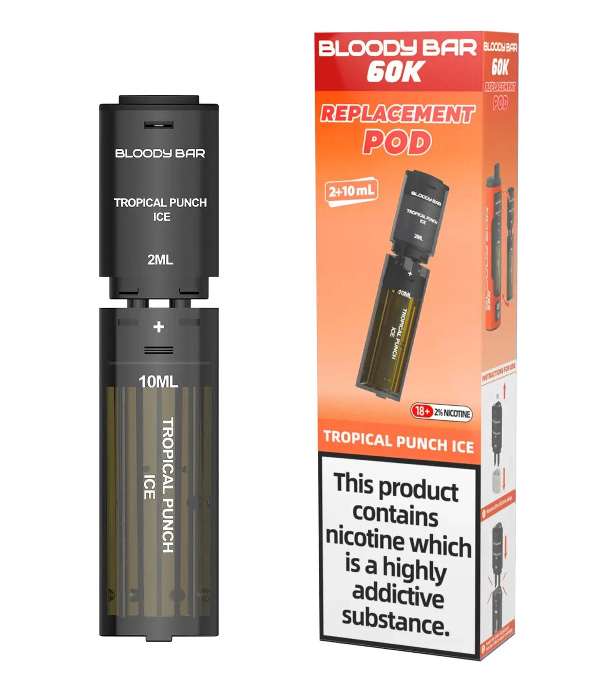 Vape replacement pod with packaging labeled 'Bloody Bar 60K' on a white background.