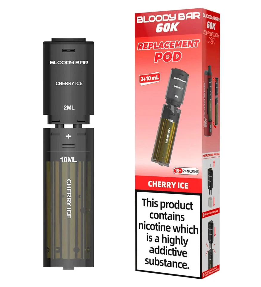 Vape replacement pod with cherry ice flavor and packaging on a white background