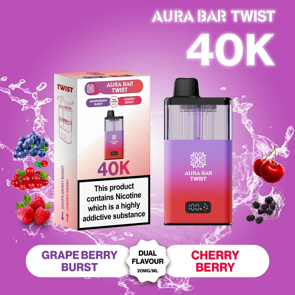 Aura Bar Twist 40K LED Display Vape – Battery and puff tracking