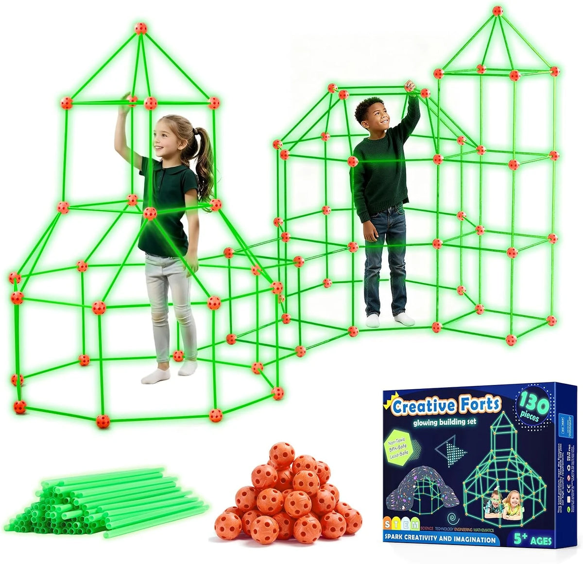 130 PCS Glow in the Dark Fort Building Kit for Kids – STEM Creative Construction Play Tent Set (Ages 5–10)
