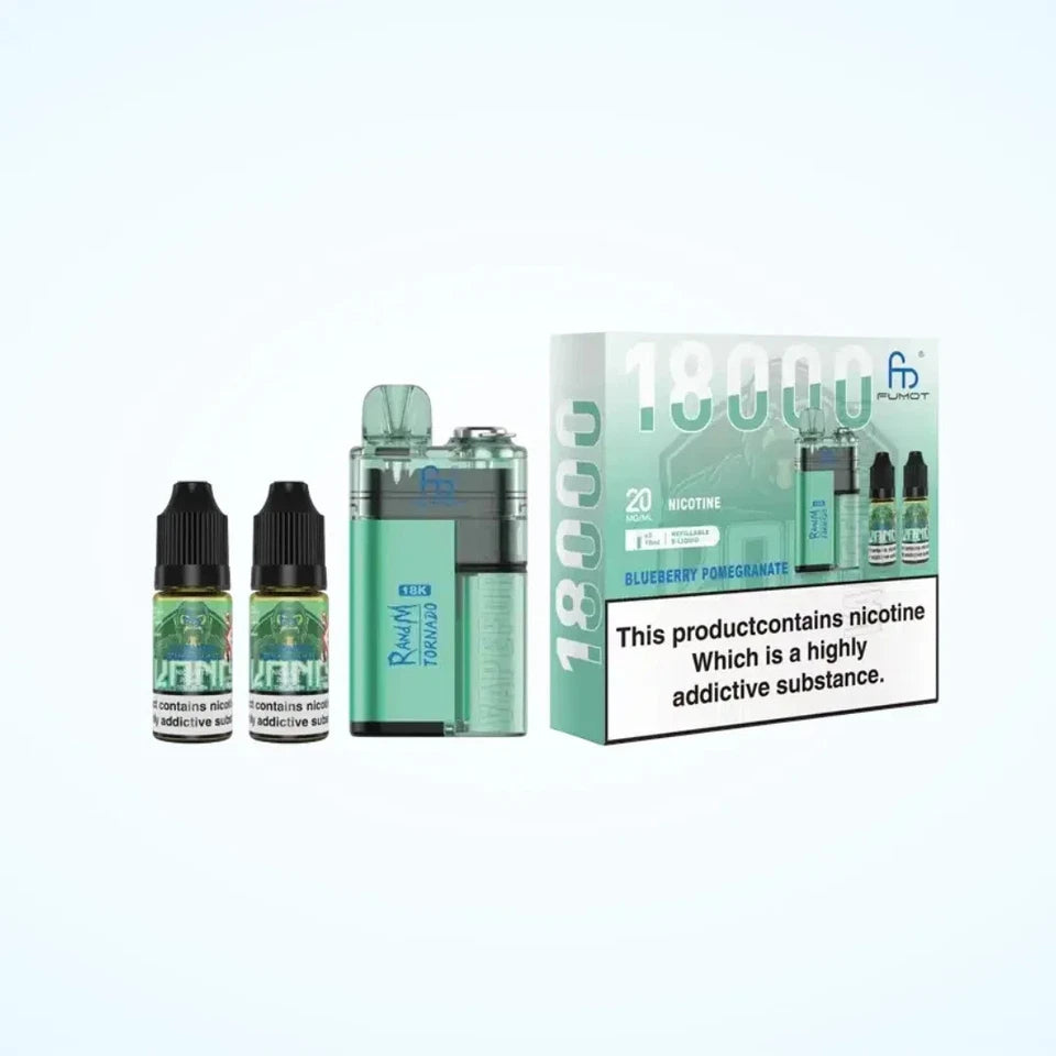 RandM Fumot Tornado 18000 long-lasting vape kit with 18,000 puffs.