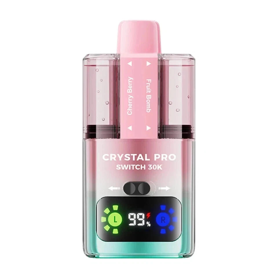 Pink and clear vape device with digital display on a white background