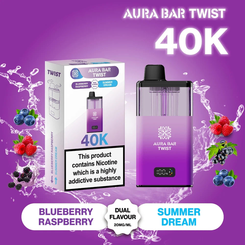 Aura Bar Twist 40K Vape Kit | Dual Flavour | 20mg | LED Display | Refillable