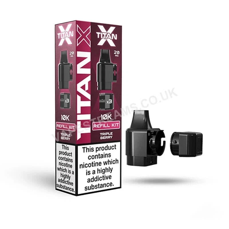 Titan X refill kit packaging with nicotine warning label on a white background