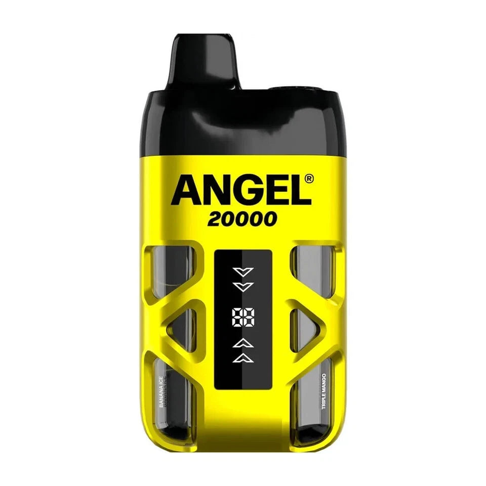 Yellow and black electronic device with 'ANGEL' branding on a white background